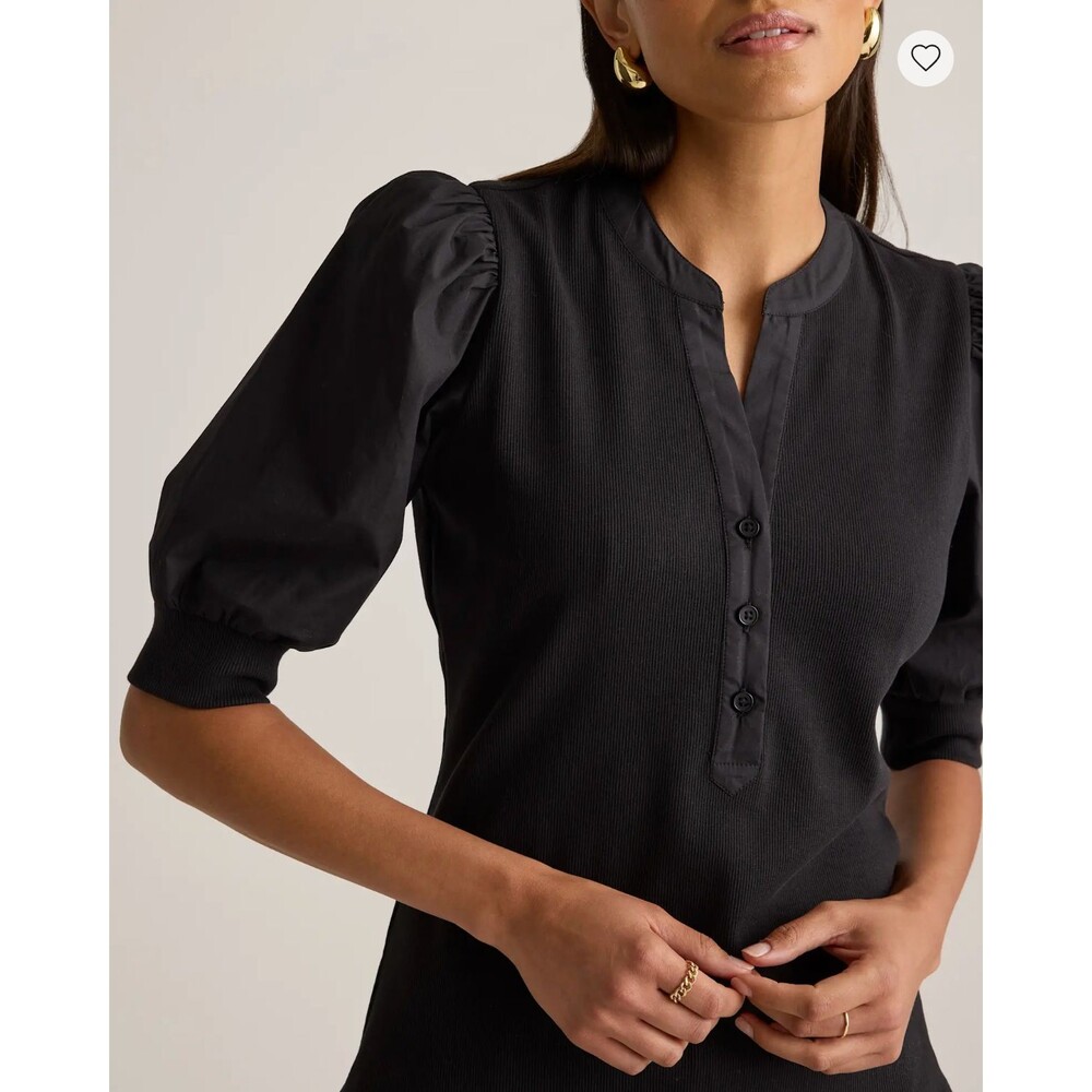 Quince Cotton Mixed Media Puff Sleeve Top Black Ribbed Knit Modern Classic L